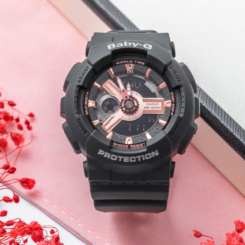 Đồng Hồ Nữ Casio Baby G BA-110 Mặt Vàng Hồng - Dây Nhựa Màu Đen - Bảo hành 12 tháng
