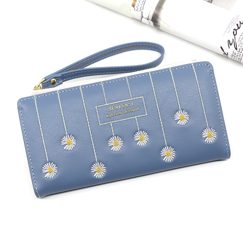 Ví Cầm Tay Dáng Dài Nhiều Ngăn Đựng Thẻ Thêu Hoa Cúc Nhỏ Dễ Thương Cho Nữ