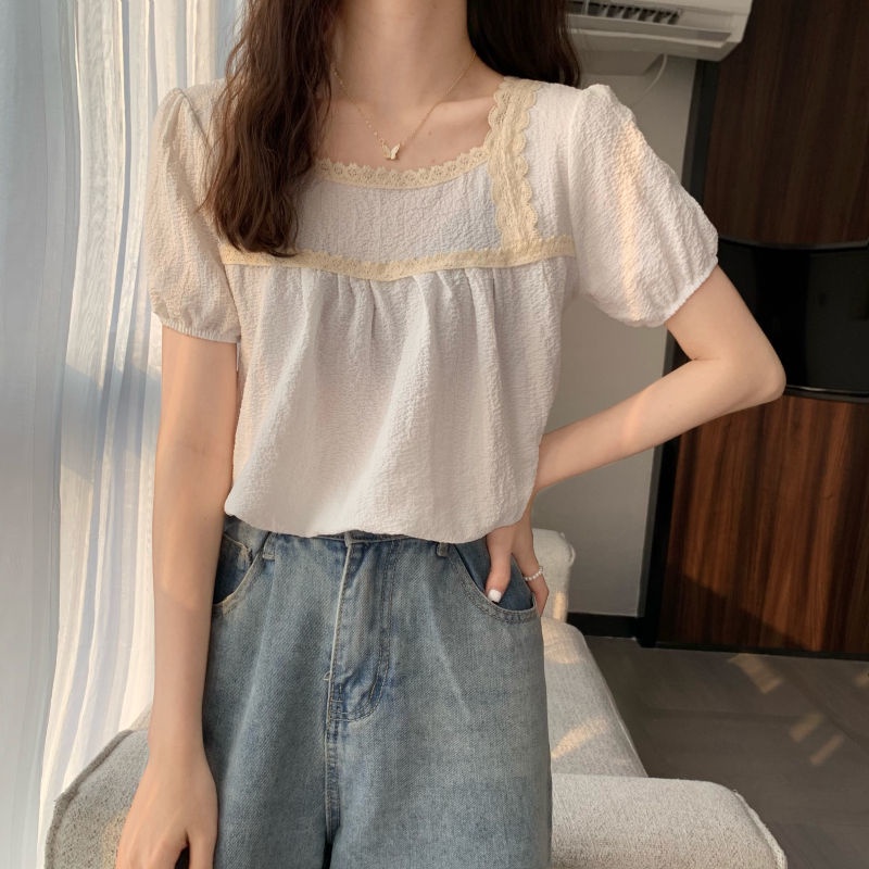 Áo chiffon BH cổ vuông tay ngắn phối ren phong cách Hàn Quốc cho nữ