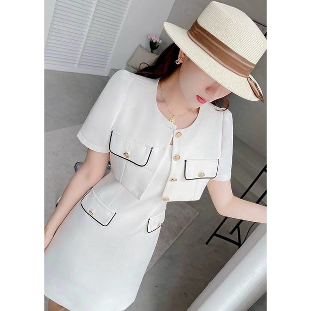 Sét Đầm Váy Nữ Viền Túi 2 Dây Bản To Kèm Áo Khoác Ngoài Cài Nút Thật Thiết Kế Sang Chảnh Đi Làm Công Sở, Dạ Hội