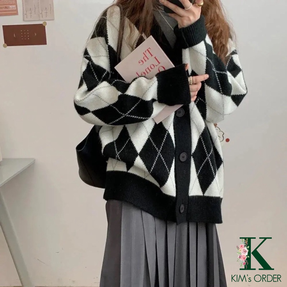 Áo cardigan nữ khoác ngoài màu hồng đen chất len hoạ tiết hình quả trám to phom rộng loại 1 phong cách tiểu thư Hàn Quốc