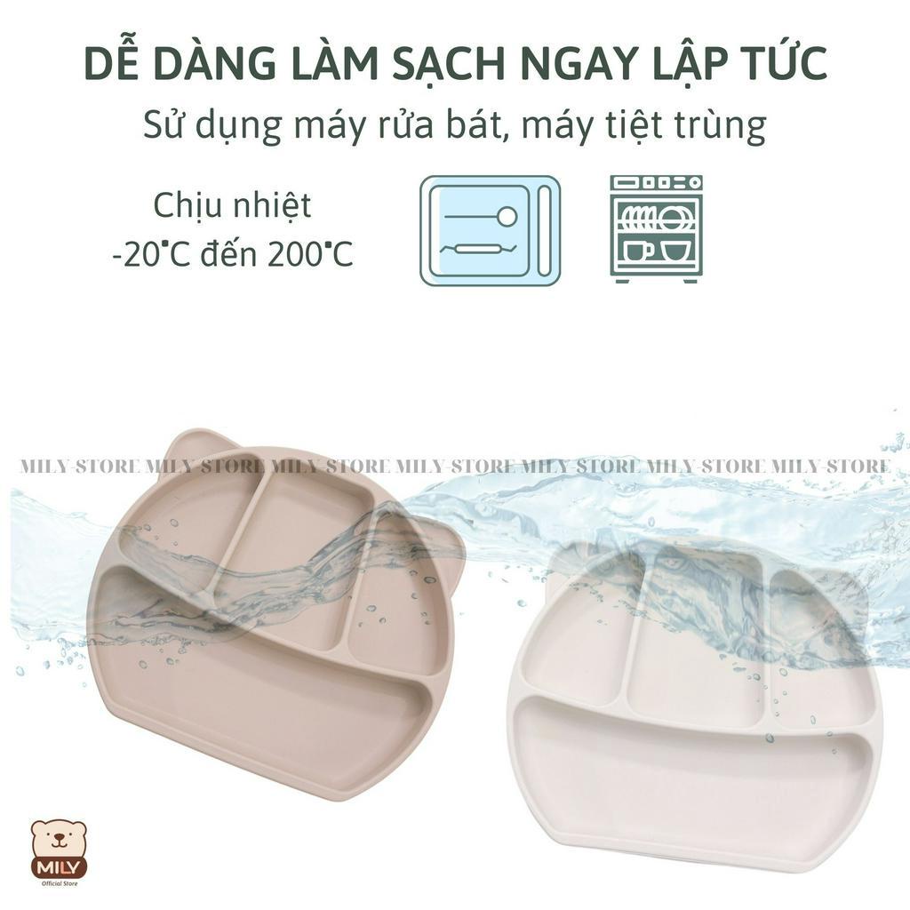 Khay ăn dặm chính hãng Mily 4 ngăn hình tai gấu có đế hít chống đổ làm từ silicon.