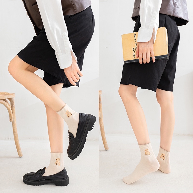 Sét 5 Đôi Tất vớ nữ cao cổ thêu hình gấu cute dễ thương tất cổ cao chất cotton phong cách Hàn Quốc