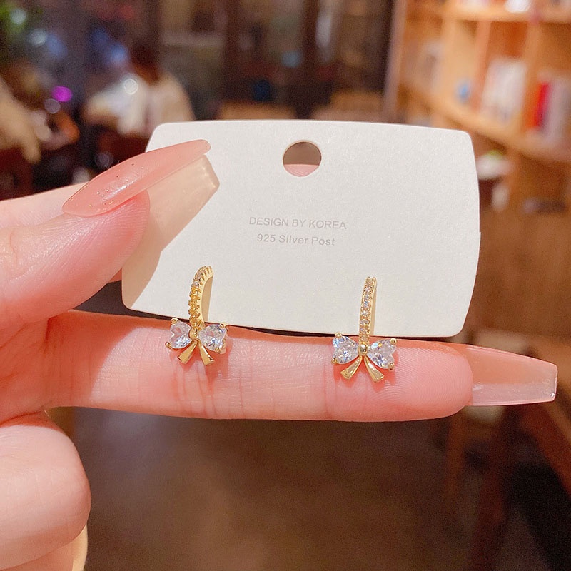 Bông Tai Mạ Bạc 925 Hình Nơ Đính Đá Zircon Sang Trọng