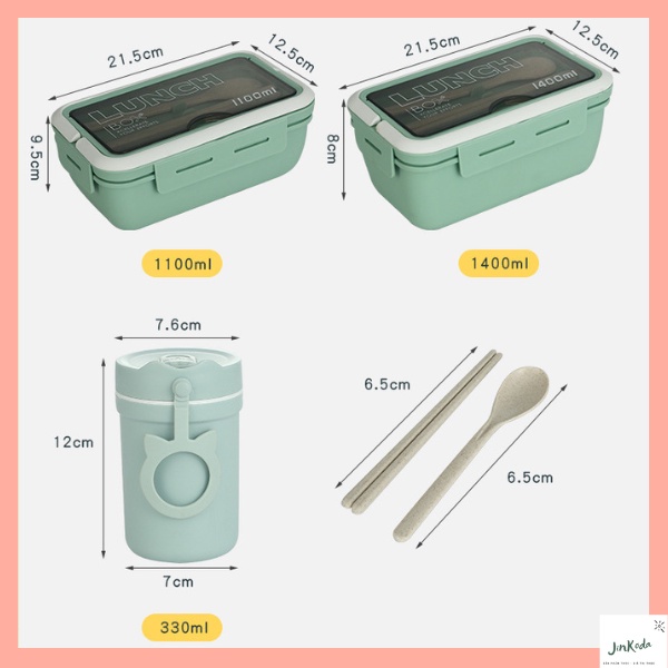 Hộp cơm Bento văn phòng giữ nhiệt 3 ngăn dung tích 1400ml, tặng kèm đũa thìa