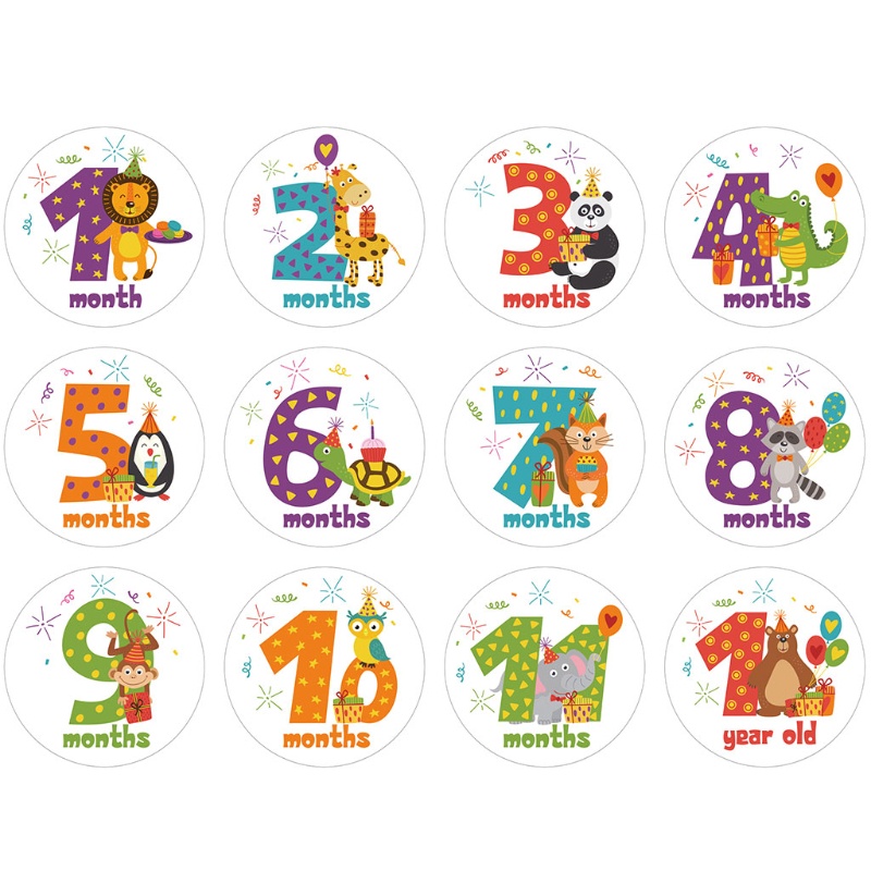 Set 12 Tấm Hình Dán Thú Hoạt Hình Đánh Dấu Cột Mốc Phát Triển Theo Tháng Cho Bé