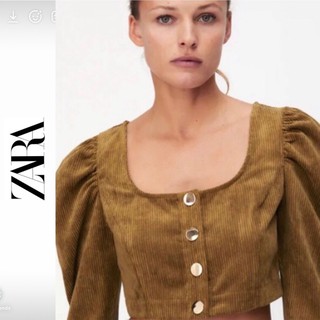 [NGUYÊN TAG] Áo Zara nhung tăm tay bồng, cổ vuông, dáng crop top mới nguyên size XS