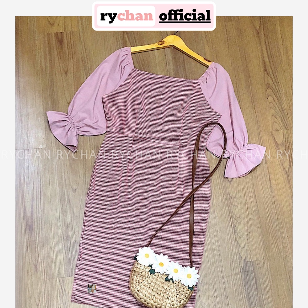 [ẢNH THẬT CUỐI] DO791 - Đầm Ôm Caro Hồng Phối Tay Voan