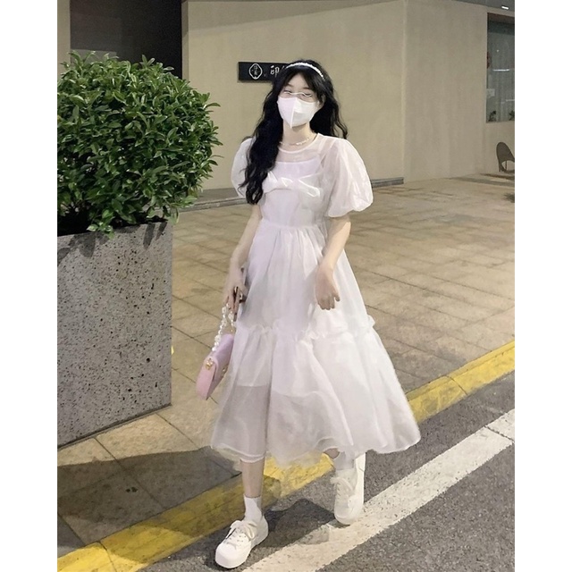 Váy Babydoll trắng Nơ Trước Ngực Công Chúa Tay Bồng Dáng dài 3 Tầng