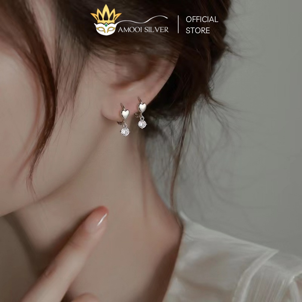 Bông Tai Bạc S925 Khoen Tròn Trái Tim Tòn Ten Đường Kính 8mm - Amooi Silver AB120