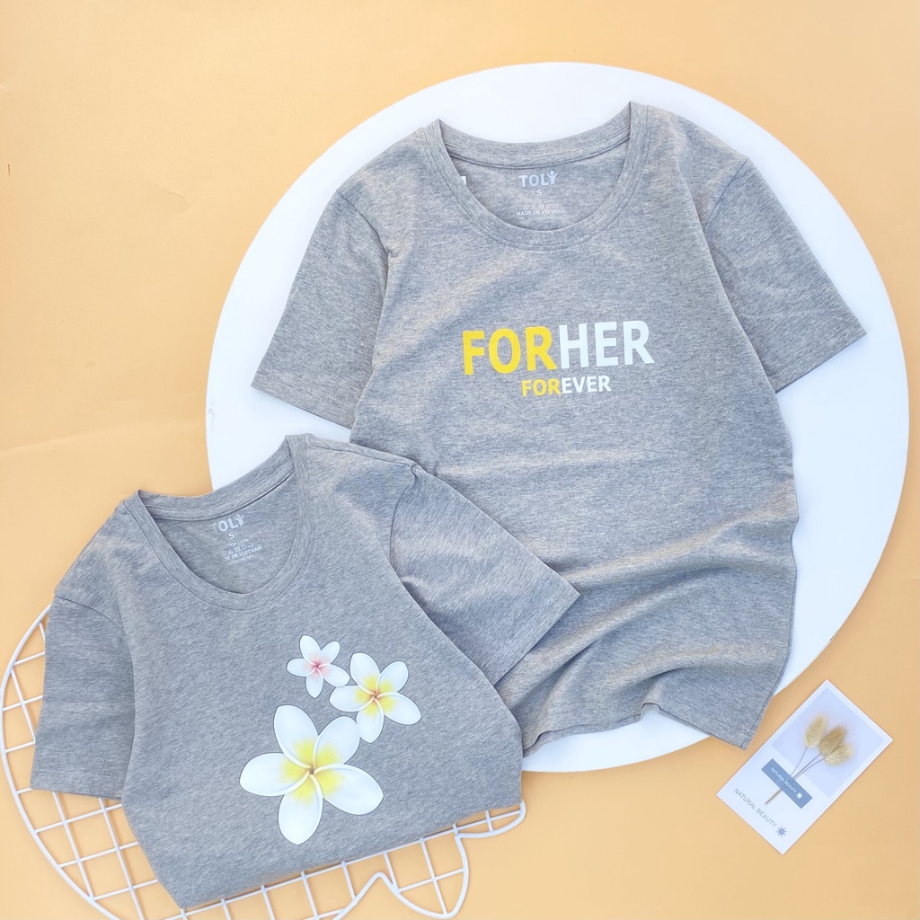 Áo thun nữ TOLI cổ tròn màu xám in Hoa Sứ, 100% cotton 4 chiều mềm mịn, co dãn, form suông cơ bản