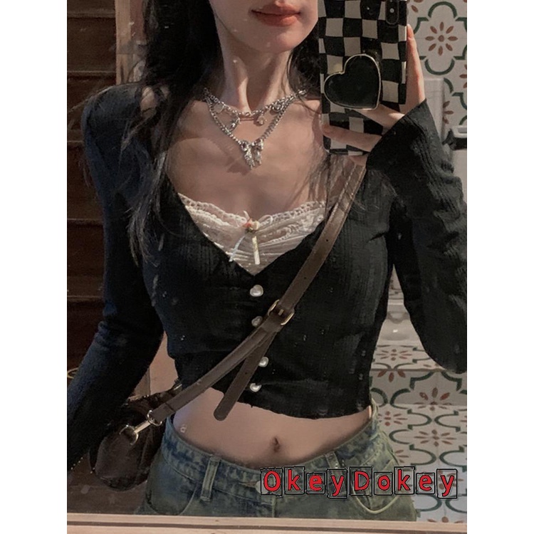 Áo Crop Top Y2K Phối Ren Phong Cách Vintage Dễ Thương Cho Nữ