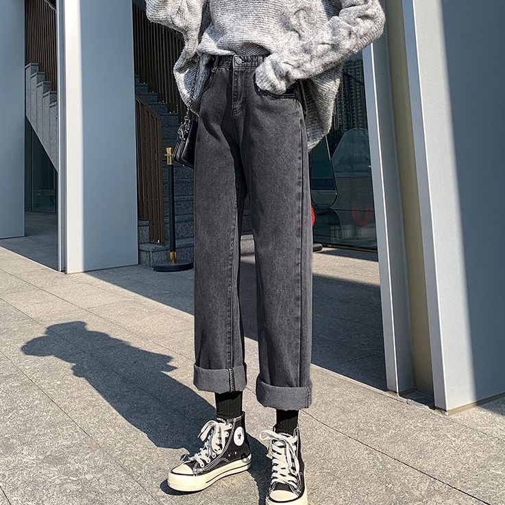 SUXI Quần Jean Dài Lưng Cao Ống Rộng Dáng Suông Kiểu Hàn Quốc Thời Trang Mùa Thu Cho Nữ