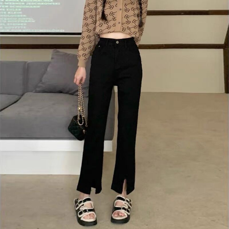 Quần Jean Đen Lưng Cao Ống Rộng Thiết Kế Xẻ Tà Phong Cách Hàn Quốc Trẻ Trung