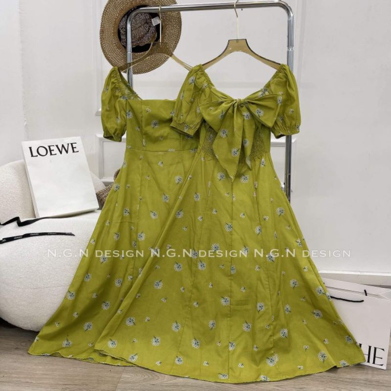 Váy hoa cổ vuông nơ lưng