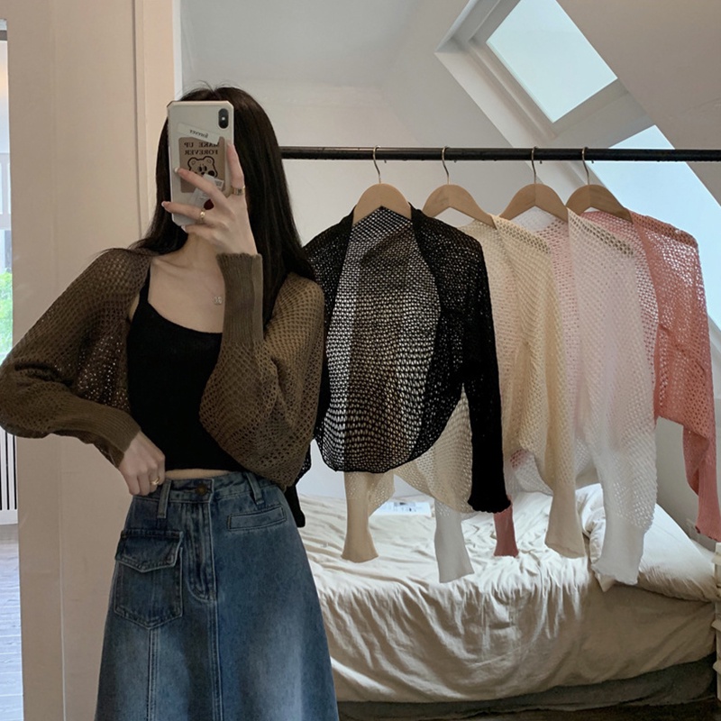 Áo Cardigan Dệt Kim Tay Dài Dáng Rộng Màu Trơn Khoét Lỗ Trước Ngực Cho Nữ