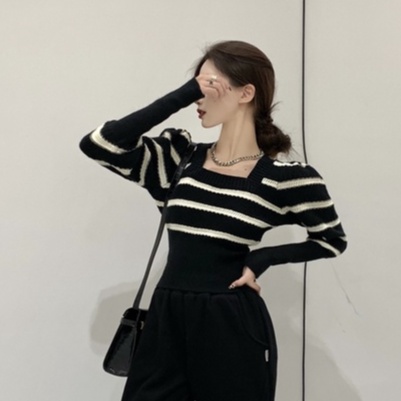 Áo kiểu ZHELIHANGFEI dệt kim cổ vuông tay dài phồng họa tiết kẻ sọc thời trang xinh xắn dành cho nữ