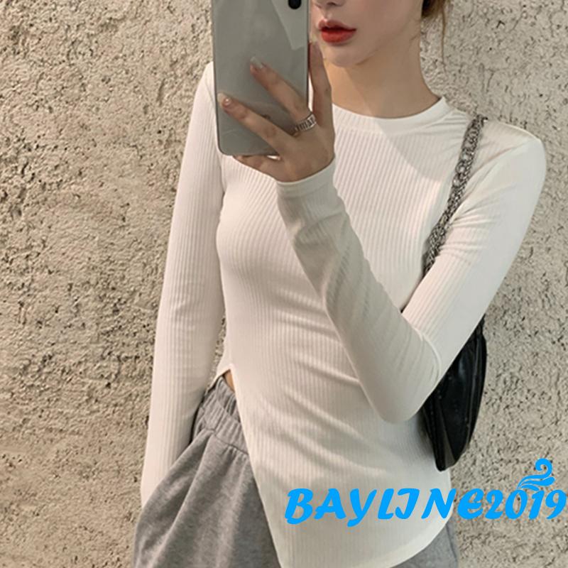 Áo thun tay dài cổ tròn màu sắc đơn giản dành cho nữ