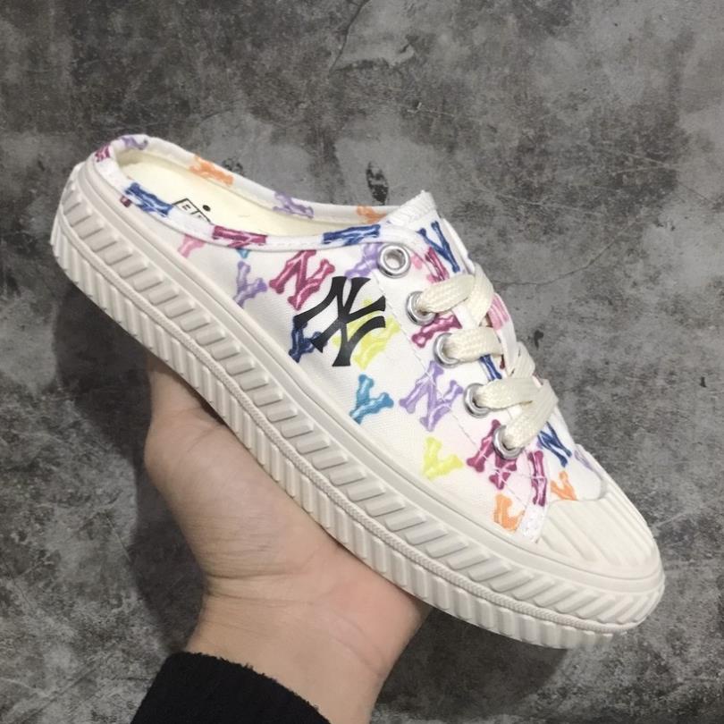 Giày sục nữ lười MLB ny đạp gót màu Trắng hoạ tiết thể thao sneaker Hot Trend [Full box, Full bill]
