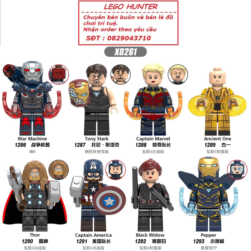 Lego Marvel Minifigures nhân vật War machine Tony Stark Ironman Acient One Thor Captain America Pepper Black Widow X0261
