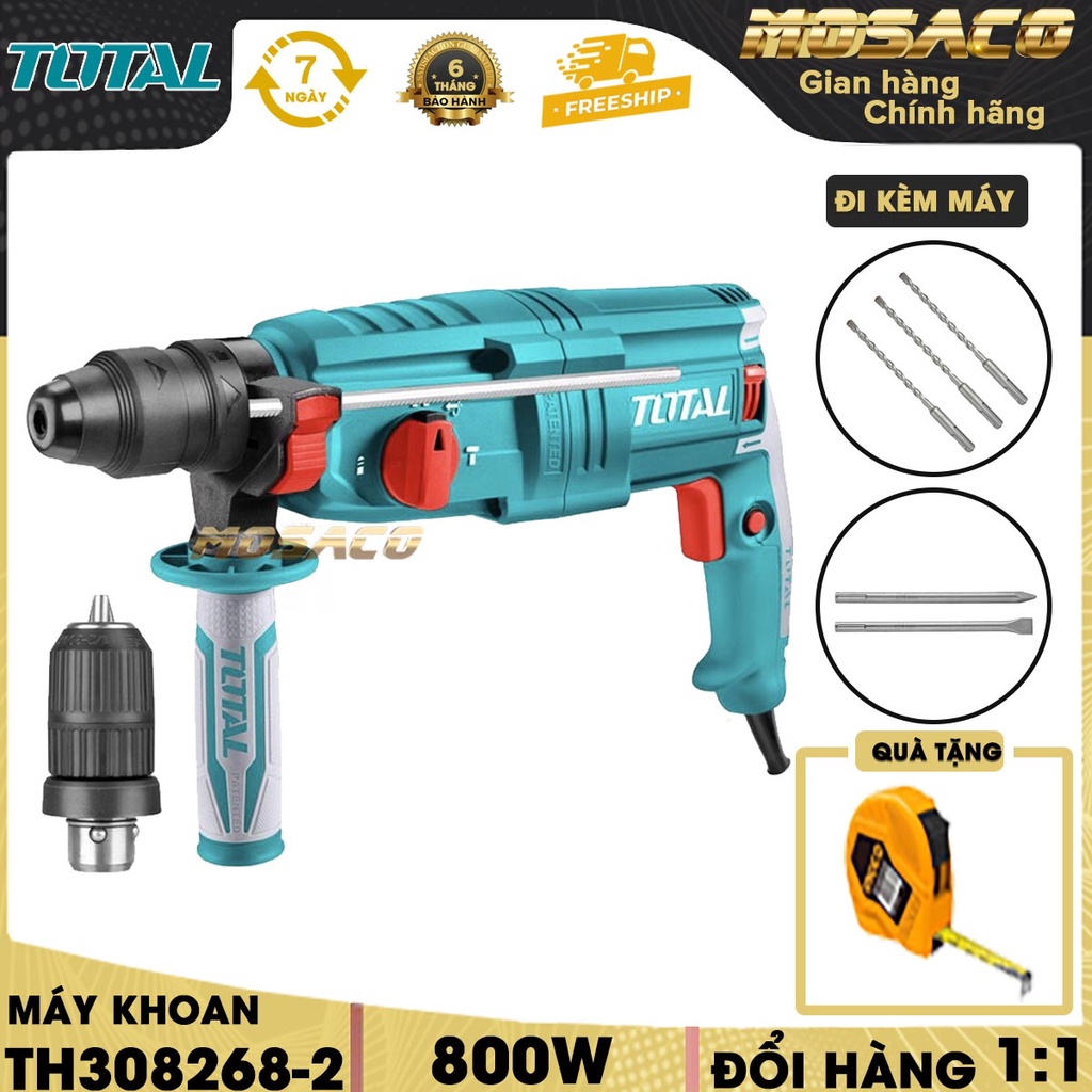 Máy khoan đục 3 chức năng 800W TOTAL TH308268-2 Tặng kèm 3 mũi khoan bê tông 2 mũi khoan đục tiện lợi- MOSACO