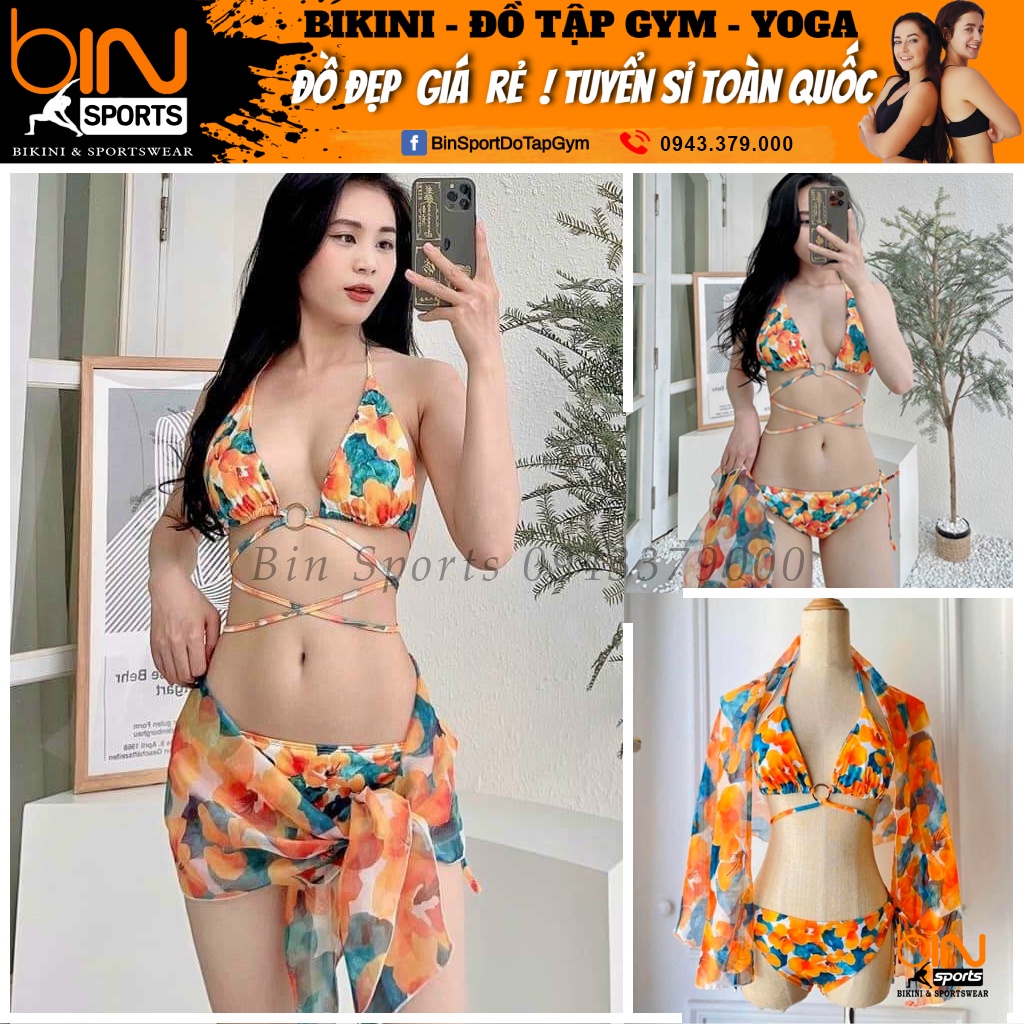 Bikini Nữ Hai Mảnh ComBo 2 Món, Đồ Bơi Đi Biển Hai Mảnh Kèm Khăn Voan Họa Tiết Sang Đẹp Binsports BHV168