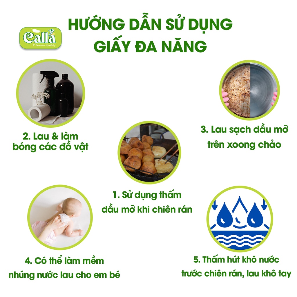 Combo 6 bịch khăn giấy lau bếp Calla 2 lớp x 200 tờ x 3 cuộn siêu dày dai, không mủn, thấm dầu mỡ, nước siêu tốt