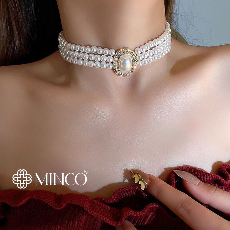 Dây chuyền nữ choker đính đá gắn ngọc châu nhân tạo Minco Accessories Vòng cổ Nữ Dự Tiệc Lễ hội sang Trọng Quý phái DT46