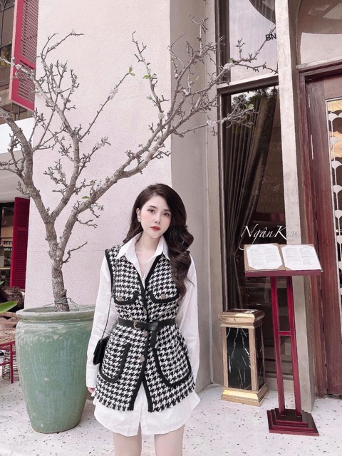 S522 Set đồ thu đông nữ, Áo gile caro chạy viền đen cá tính, phối vây sơ mi dáng dài