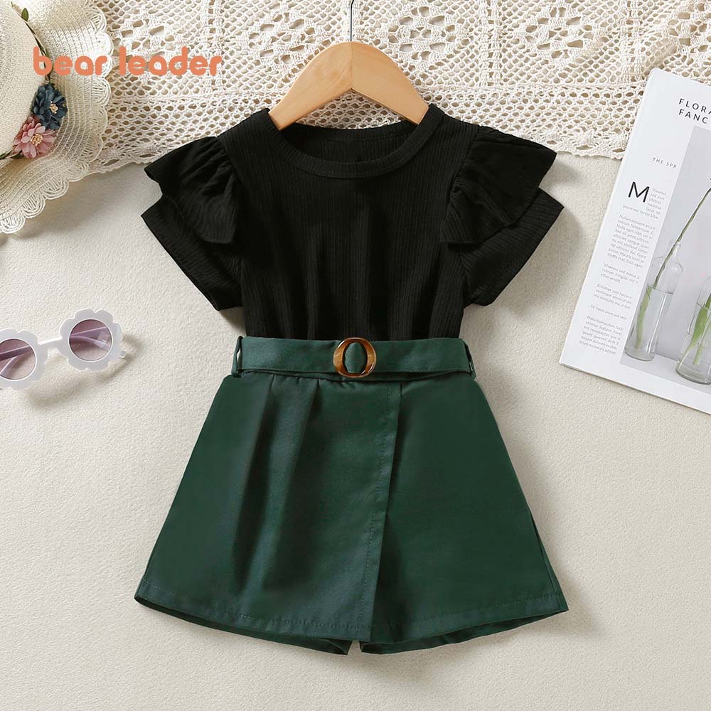 BEAR LEADER Set Áo Thun Tay Ren + Quần Short Thời Trang Xuân Hè Mới 2022 Cho Bé Gái 2-6 Tuổi