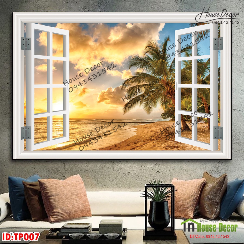 Giấy Dán tường Cửa sổ Phong Cảnh - Tranh 3d phòng khách - Decal Dán tường KHUNG CẢNH CỬA SỔ -Phong Cảnh Biển