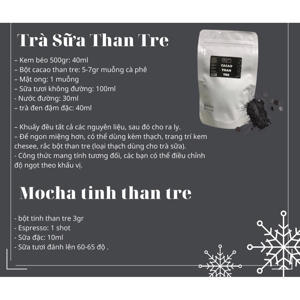 Bột cacao than tre nguyên chất Cacaobentre 100gr (Định lượng 5g than tre cho 1 cốc trà sữa 500ml)