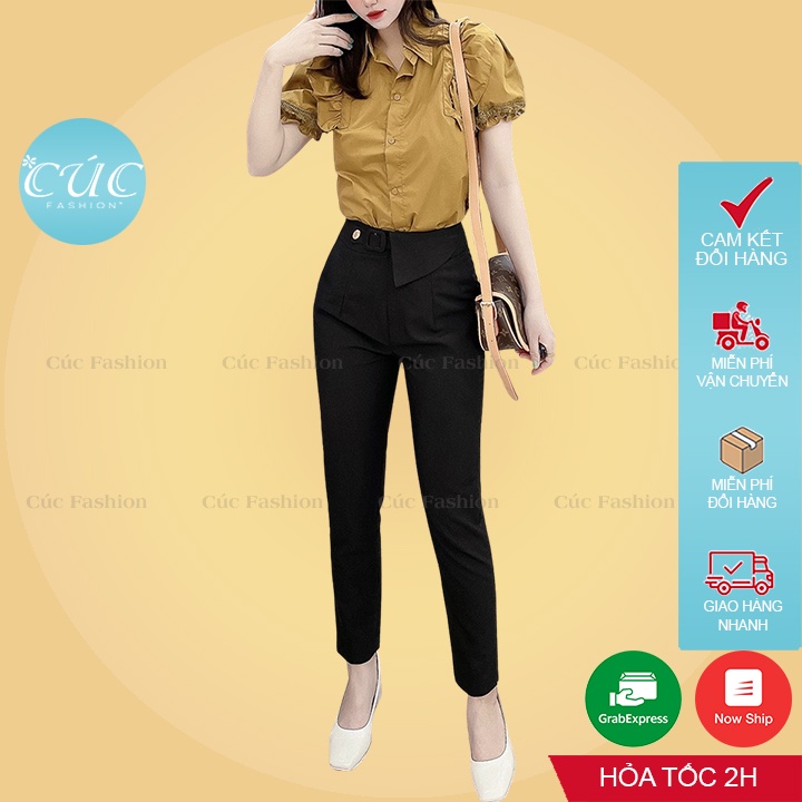quần tây baggy Cúc Fashion begy nữ lưng cạp cao vải đẹp thời trang âu công sở dài đen đi học đai vuông nhỏ Q688