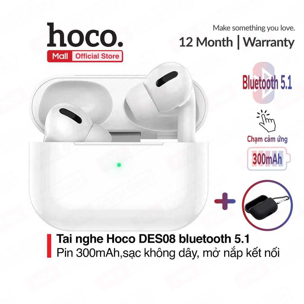 Tai nghe không dây Hoco DES08, V5.1, kết nối 10m, pin 300mAh, định vị, đổi tên - tặng kèm case ( đen )+3 nút cao su