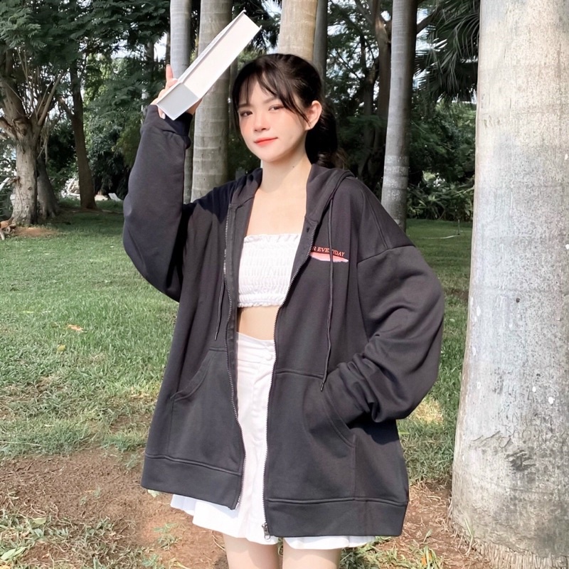 Áo Khoác Hoodie Zip Day Form Rộng Unisex Vải Nỉ Bông Oversize Ulzaang - Yowol.sg