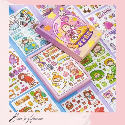 Set 10 Miếng, 20 Miếng  Dán Tách Lẻ Hộp set sticker 50 tờ A6, hình dán xinh xắn chibi watercolor Tra