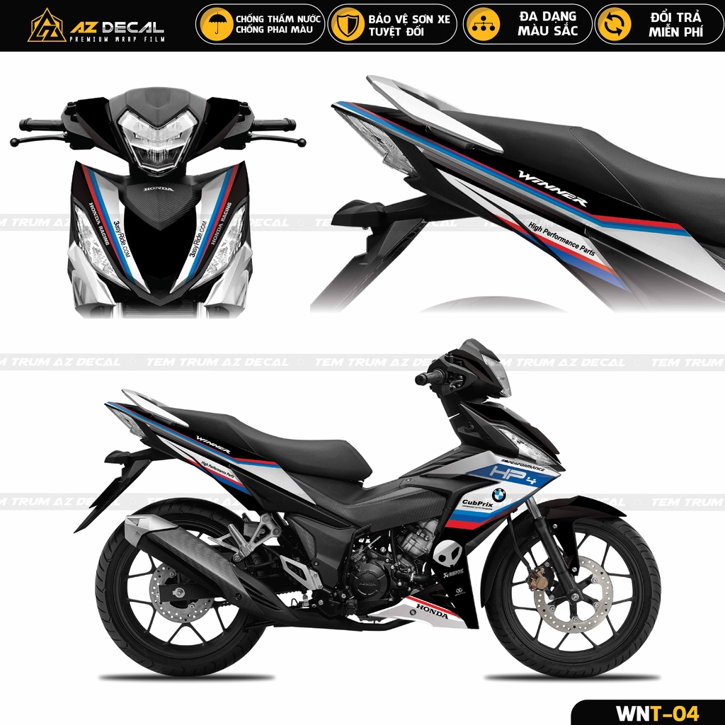 Tem Xe Winner V1 / 150 Mẫu HP4 | WNT-04 | Decal Dán Trùm Xe Máy Cao Cấp Màu Đen Trắng Xanh, Bảo Vệ Sơn Xe