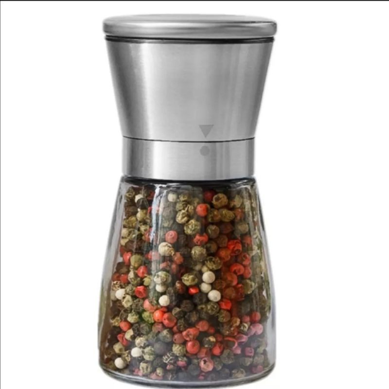 Lọ xay hạt tiêu. Bình xay hạt tiêu. Kích thước 13,5 x 6,5cm. Dung tích 150ml. Thủy tinh, INOX.