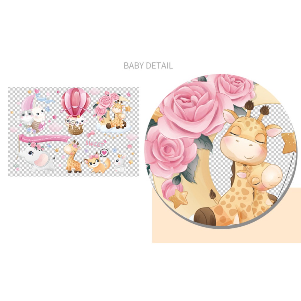 Decal dán tường  Mèo và voi con xinh xắn cho bé yêu