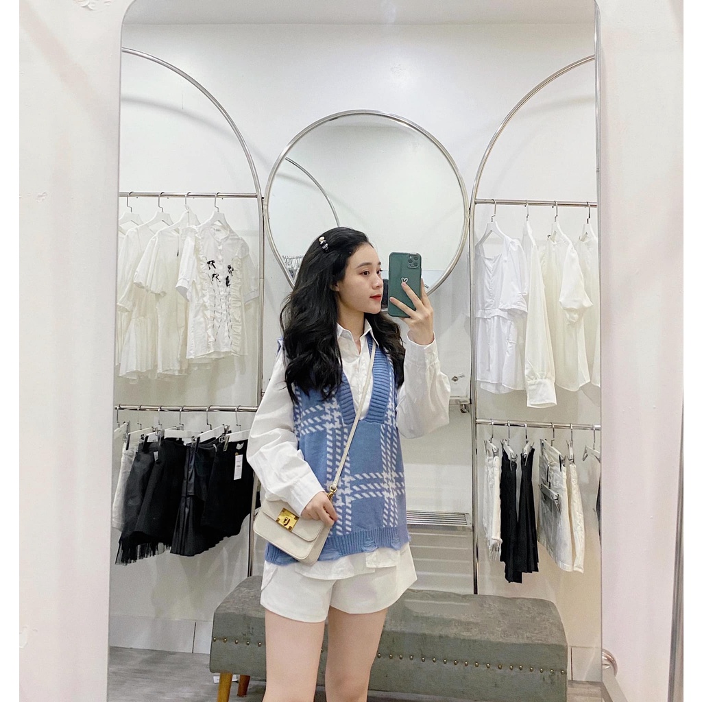 Áo sơ mi dài tay nữ phối áo gile kẻ caro ulzzang, Set áo gile len tăm họa tiết caro kèm áo sơ mi Hàn Quốc - Maoshop
