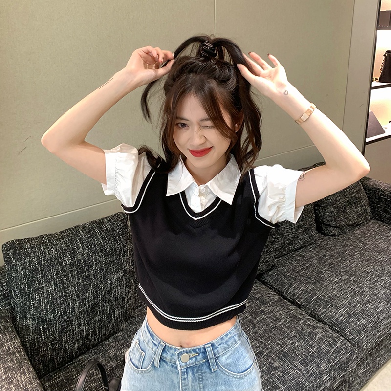 Áo sơ mi croptop XIAOZHAINV tay ngắn cổ bẻ màu sắc tương phản phong cách Hàn Quốc cho nữ