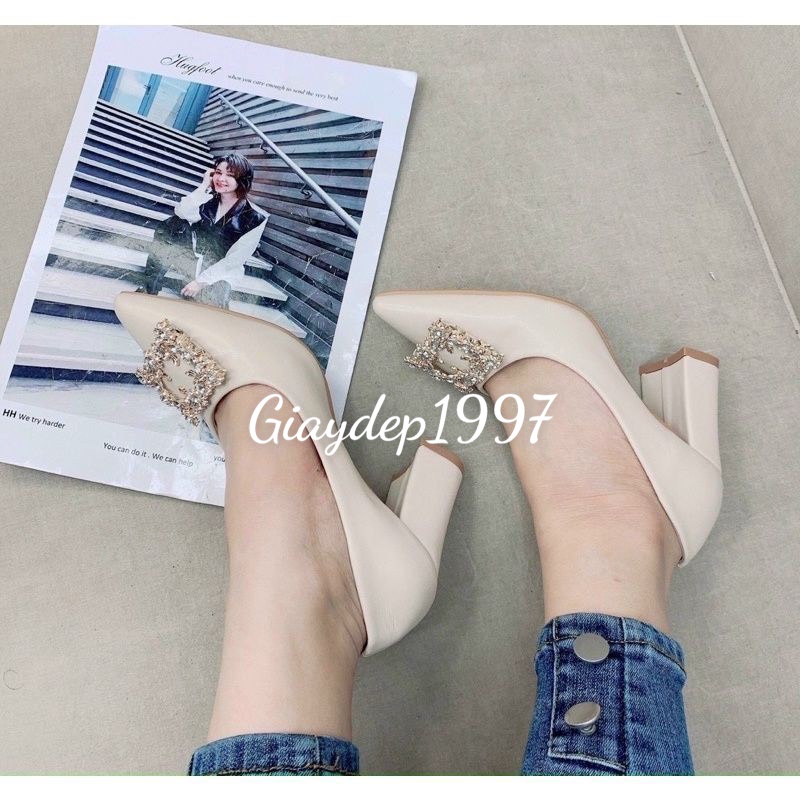 Giày cao gót gót kín đính đá 7p sang chảnh êm chân chắc chắn hot new mã SK