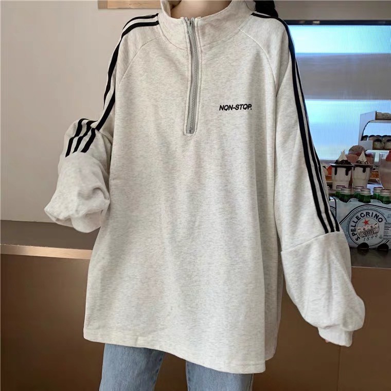 Áo sweater tay sọc phối khóa cổ Ulzzang form rộng phiên bản 2022