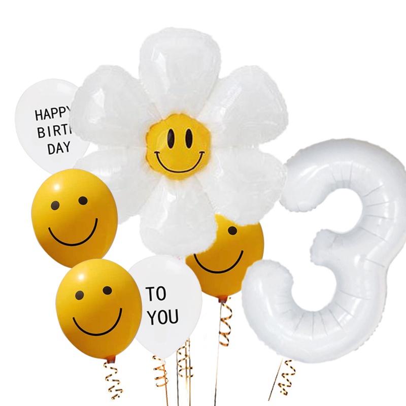 Set 7 Bong Bóng Hình Hoa Cúc Mặt Cười Kèm Chữ Số Màu Trắng Trang Trí Tiệc Sinh Nhật / Tiệc Mừng Em