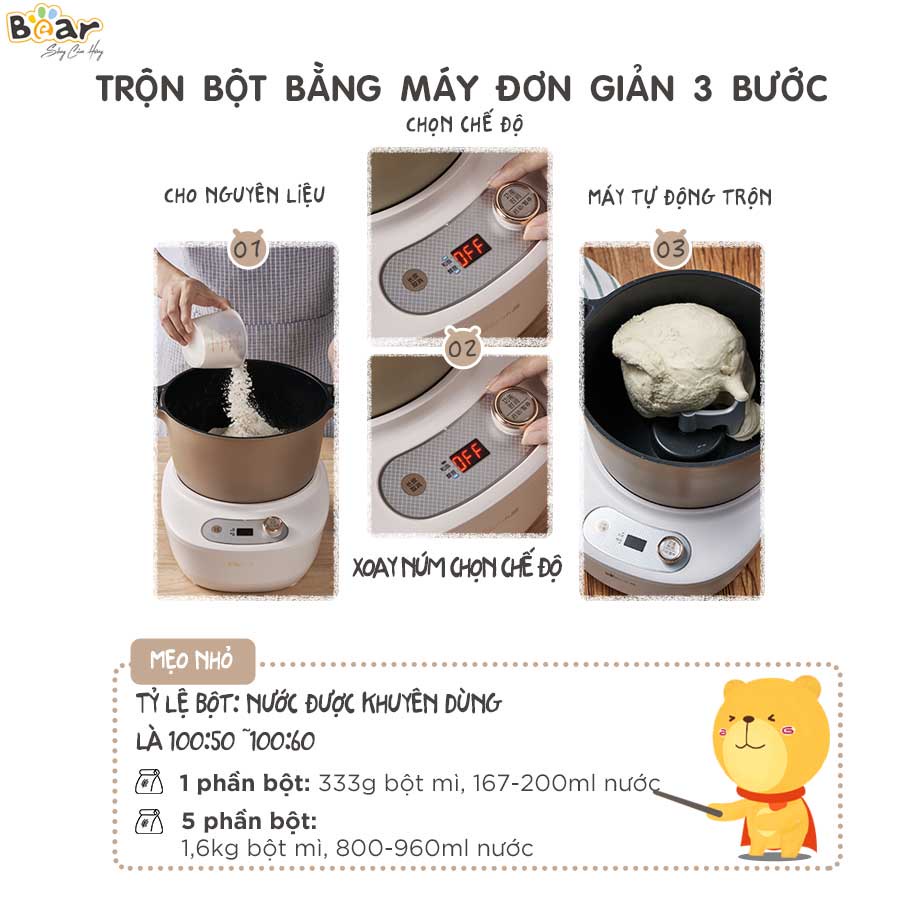 Máy nhồi trộn bột Bear âu trộn 3.5L, 5L chống dính, nhồi bột ủ bột tự động, HomeMart – Hàng chính hãng BH 18 tháng