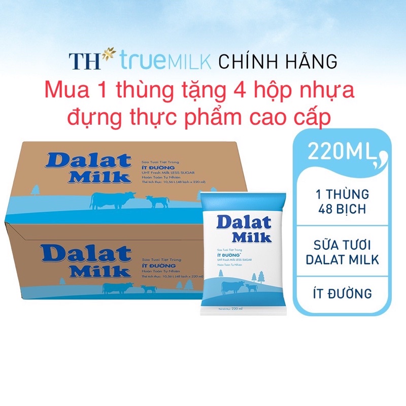 Thùng 48 bịch sữa tươi tiệt trùng ít đường Dalat Milk 220ml