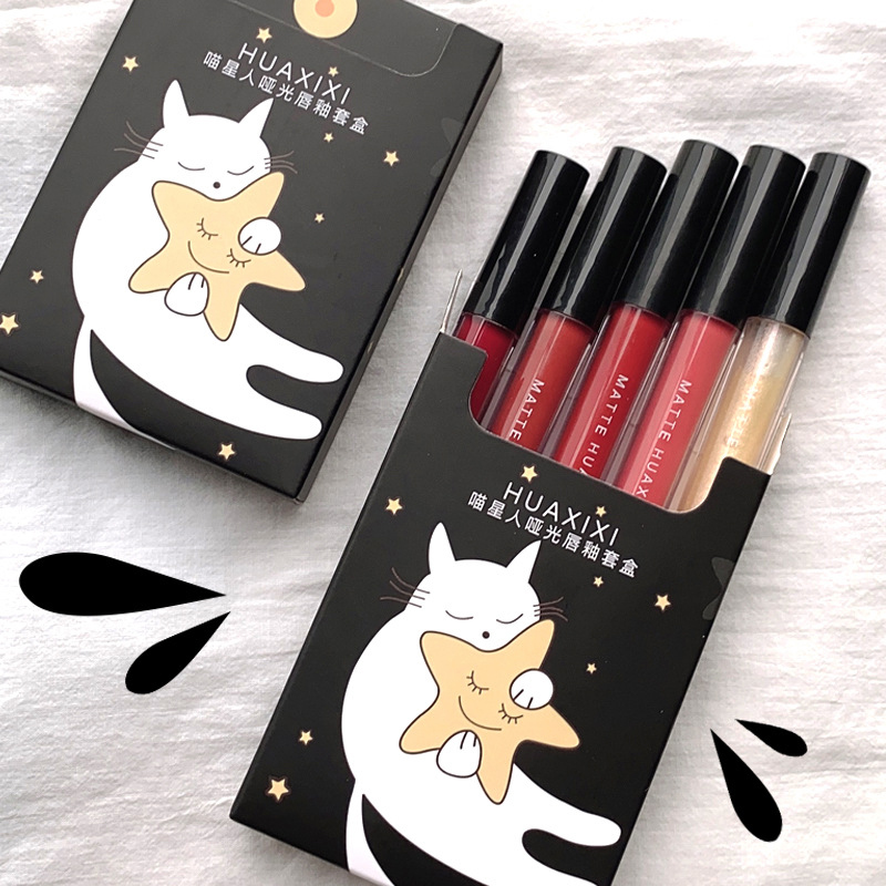 Set 5 son môi Huaxixi thiết kế vỏ họa tiết chú mèo ôm ngôi sao thời trang