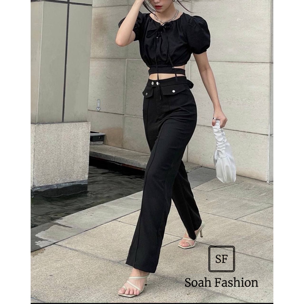 Áo Croptop Đan Dây Ngực, Khoét Eo Trẻ Trung màu ĐEN - Áo nữ tay ngắn thiết kế Hàn Quốc dạo phố TN1356