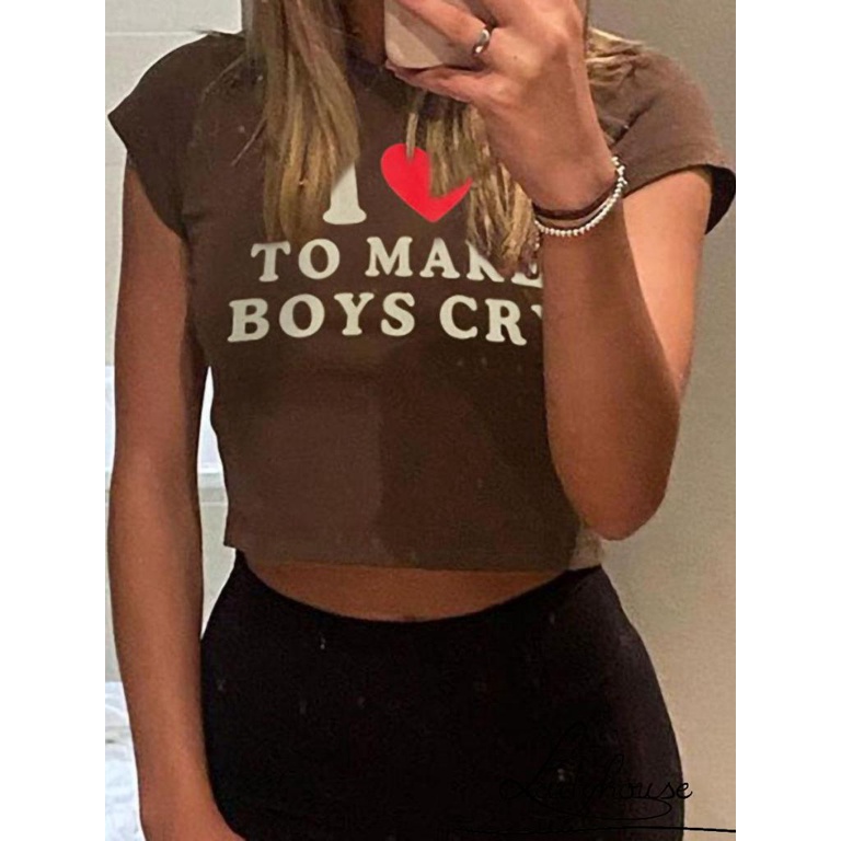 LDD-Women´s Crop Tops, Crew Neck Short Sleeve Letter Print Slim Fit Pullover T-Shirt for Young Ladies