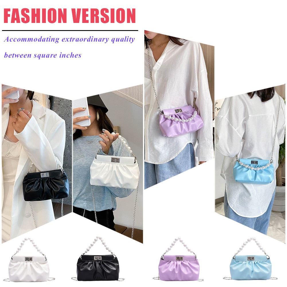Túi Xách Da Pu Dây Đeo Xích Đính Hạt Ngọc Trai Nhân Tạo